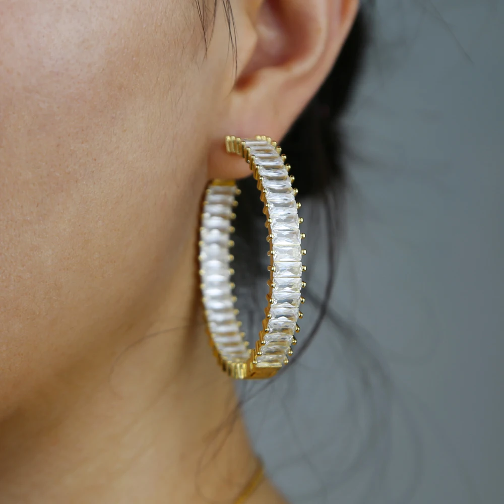 

Europe Luxury 50mm Big Exaggeration Huggie Hoop Earrings With Full Clear Baguette CZ For Elegant Women Wedding Jewelry Wholesale