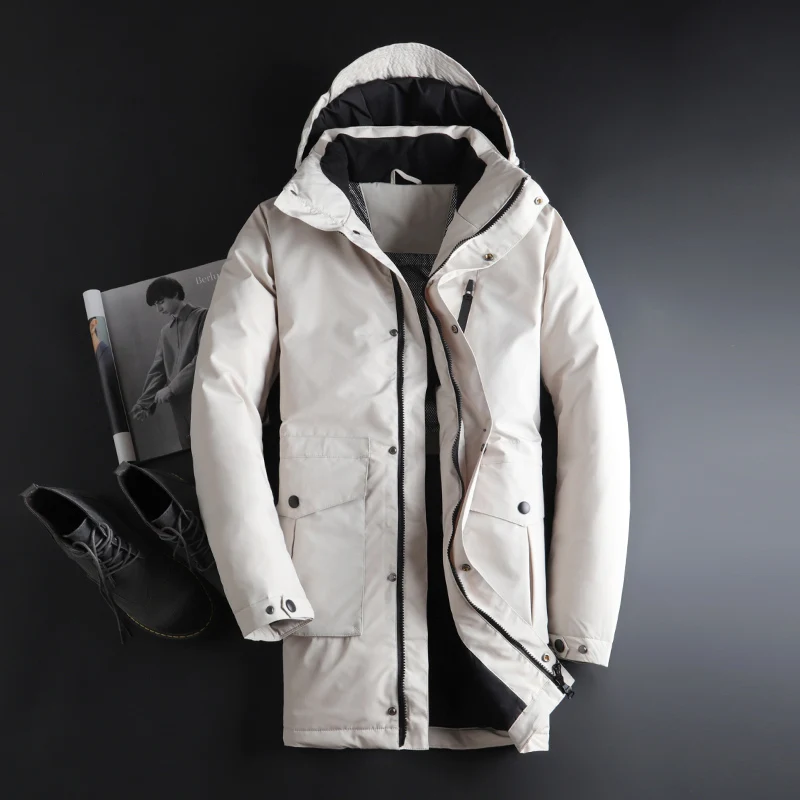 Мужская длинная куртка на утином пуху с капюшоном Утепленная зимняя теплая