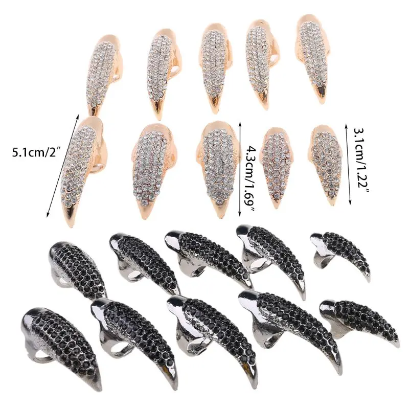

10 PCS Halloween Costume Claws Fake Nails Ring Set, Gothic Punk 3 Sizes Crystal Full Finger Rings Paved Paw Bend Fingertip Claw