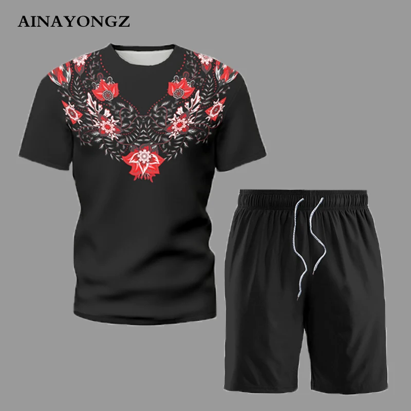 Summer Trend Clothes Mens Short Suit Simple Black Print Casual Outfit Male T-Shirt and Shorts 2 Piece Set Plus Size Tracksuits