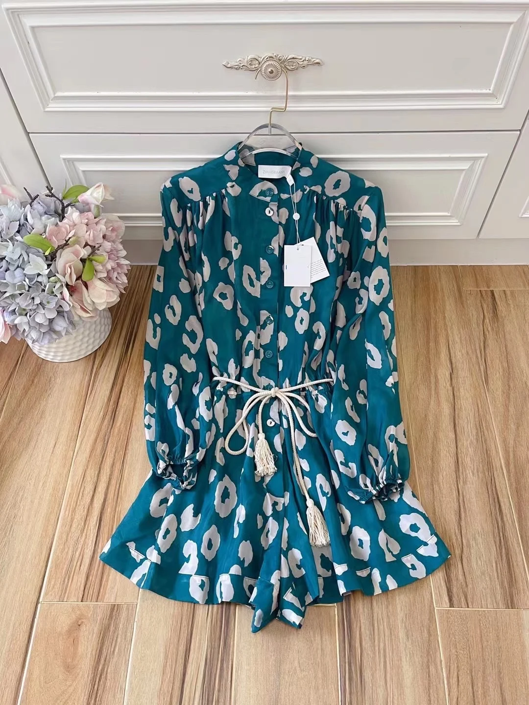 

2021 Summer Swim Teal Leopard Print Lantern Long Sleeve Silk Strapping Jumpsuit Playsuits