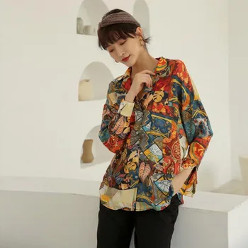 Women Retro Sunflower Print Shirt Oil Painting Print Design Blouse Girl Loose Lapel Tops and Blouses 1