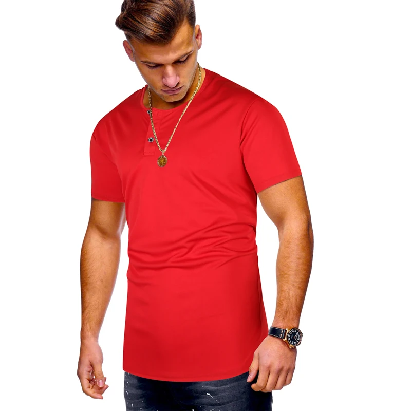 

New solid color round collar button design men's casual short-sleeved T-shirt