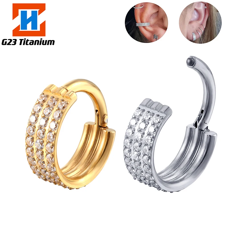 

G23 Titanium Piercing Earrings Daith Hoop 3 Rows CZ Stone Helix Clicker Nose Rings Cartilage Tragus Wholesale Perforated Jewelry