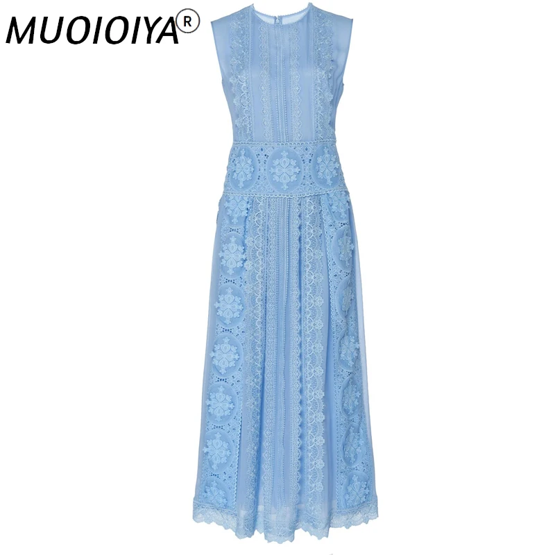 

French Romance Elegant Dresses Women Lace Floral O Neck Dresses Sleeveless Dress Summer Office Ladies Work Formal Streetwear