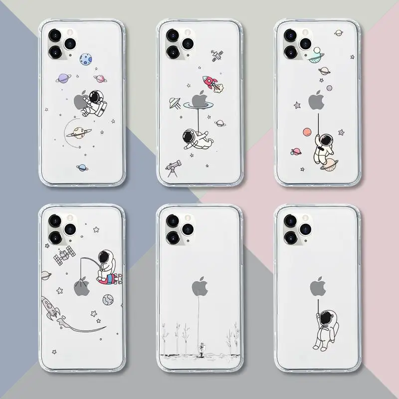 

Cute Cartoon Astronaut Phone Case Transparent For iPhone 12 11 pro mini XS XR X max 5 6 s 7 8 plus Soft TPU Clear Mobile bags