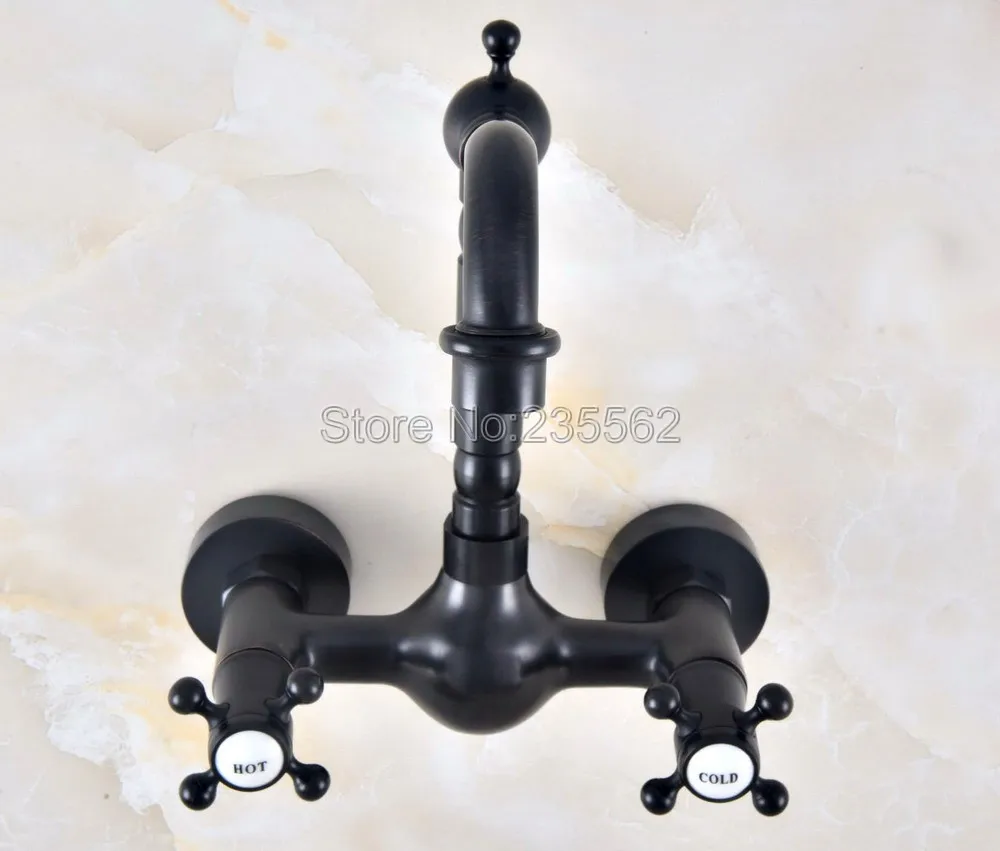 Черный латунный кран для раковины настенный с двойной ручкой ванной комнаты