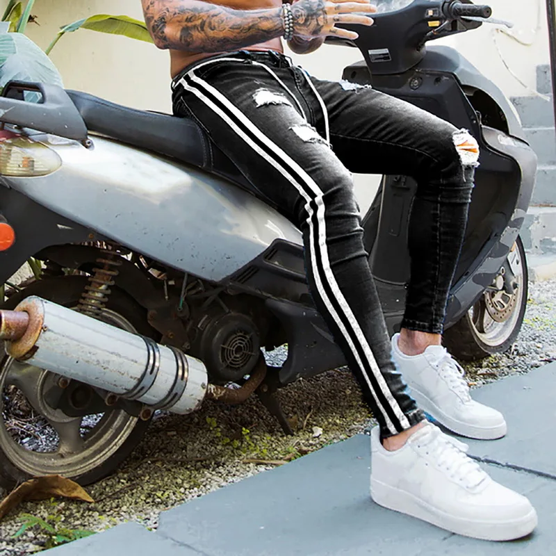 

2021 Spring Men's Hip-hop Hole Ripped Pants Fashion Jeans Slim Men Jeans Big Size Brand Jeans Skinny Stretch Slim Fit Pants