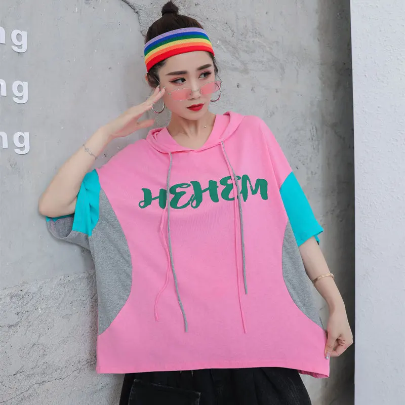 

Masss Wasss Japan Style 2021 Summer Tshirt Women Contrast Color Hooded Tee Ladies Printed Loose Casual Tops Girl Cotton Clothing