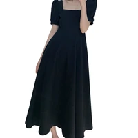 women summer puff short sleeve square neck black flowy midi long dress vintage french style empire high waist pleated party