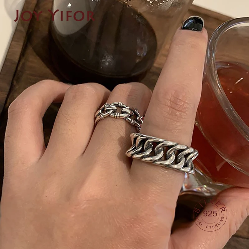

INS Fashion 925 Sterling Silver Rings For Women Vintage Trendy Geometric Chain Thai Silver Birthday Party Jewelry Gifts