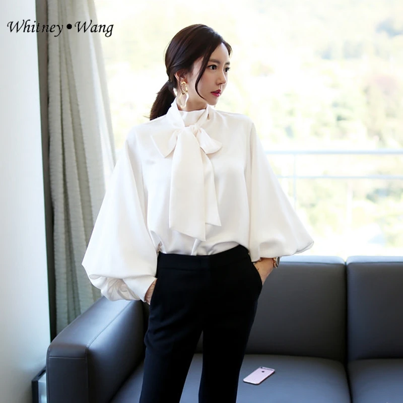 Белая блузка WANG весенняя модная элегантная с рукавом фонариком бантом из сатина