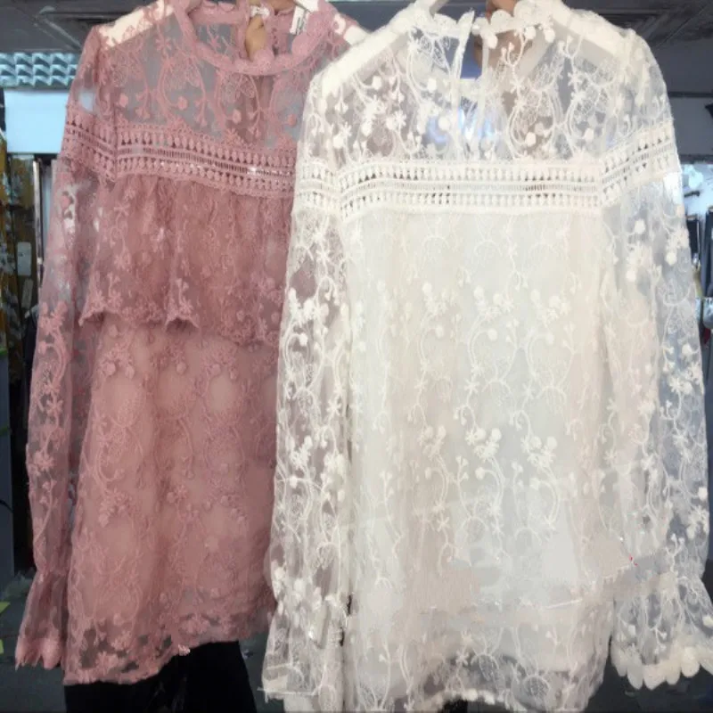 Женская ацетатная блузка с круглым вырезом свободная кружевными рукавами в