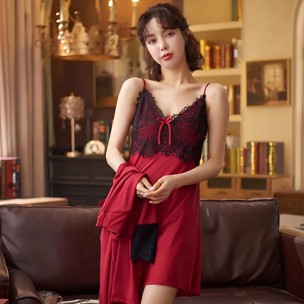 

Women Sleepwear 2 Piece Nightwear Bridal Wedding Gift Faux Silk Robe Set Sexy Sleepwear Kimono Bathrobe Gown Lace Lingerie