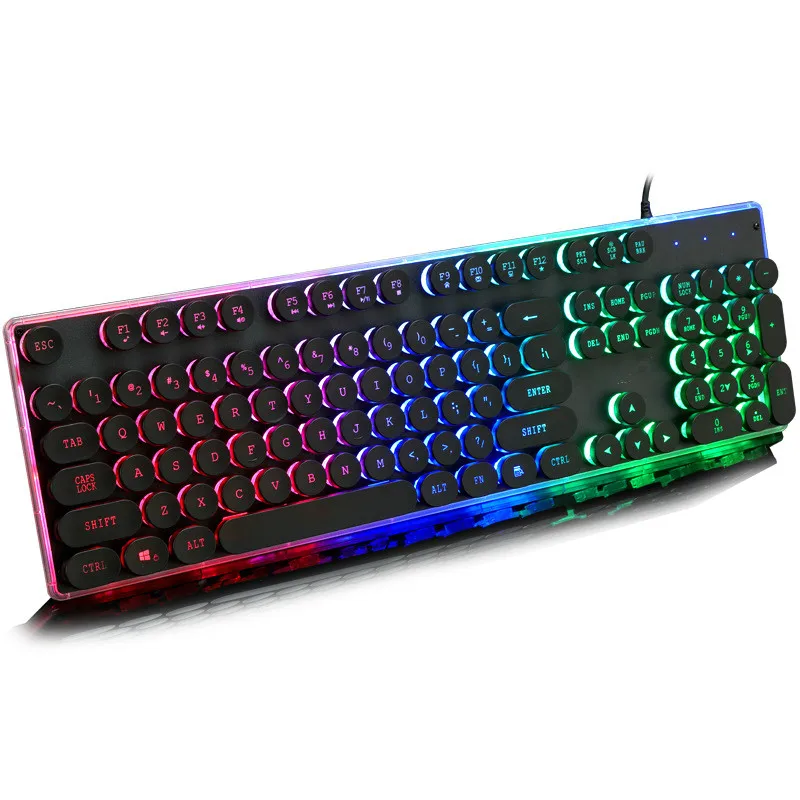 

Gaming Russian Keyboard Retro Round Glowing Keycap Backlit USB Wired Metal Panel Illuminated Border Waterproof