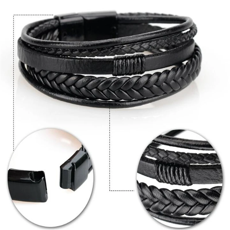 

Wholesale Price Classic Genuine Leather Bracelet For Men Hand Charm Jewelry Multilayer male bracelet Handmade Gift For Cool Boys