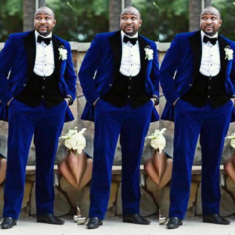 Синяя бархатная куртка Черная с отворотом и жилетом облегающий Мужской Блейзер