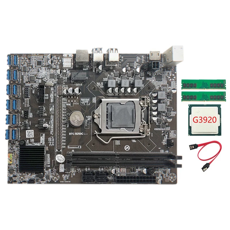 

B250C Mining Motherboard with G3920 CPU+2XDDR4 4G 2666Mhz RAM+SATA Cable 12XPCIE to USB3.0 Card Slot Board for BTC