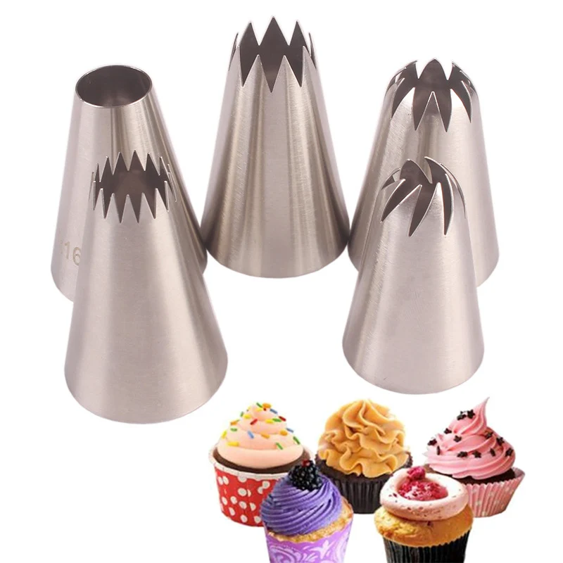 

Hot 5pcs/Set Stainless Steel Silver Decorating Tip Sets Large Icing Piping Pastry Nozzle Tips Baking Cakes Decoration Tools