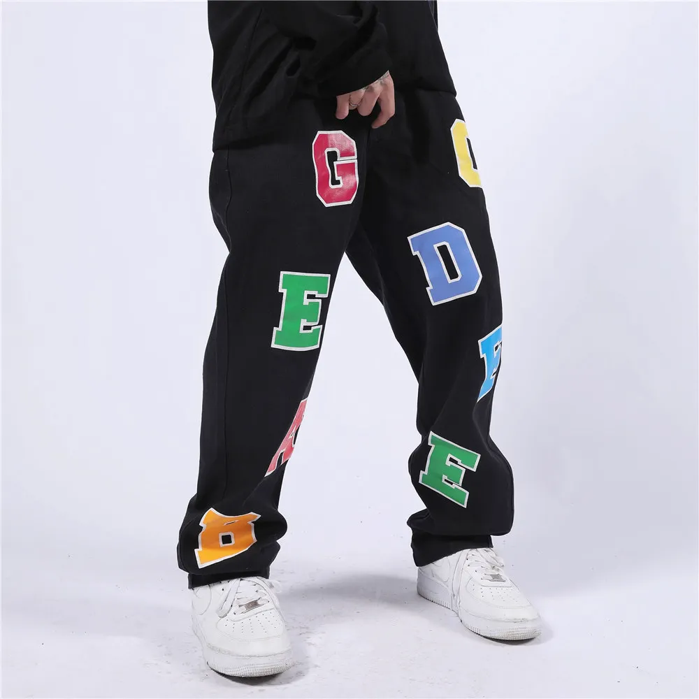 

Mens Jeans Colorful Big Letters Print Oversized Loose Hip Hop Fashion Casual Black Trousers