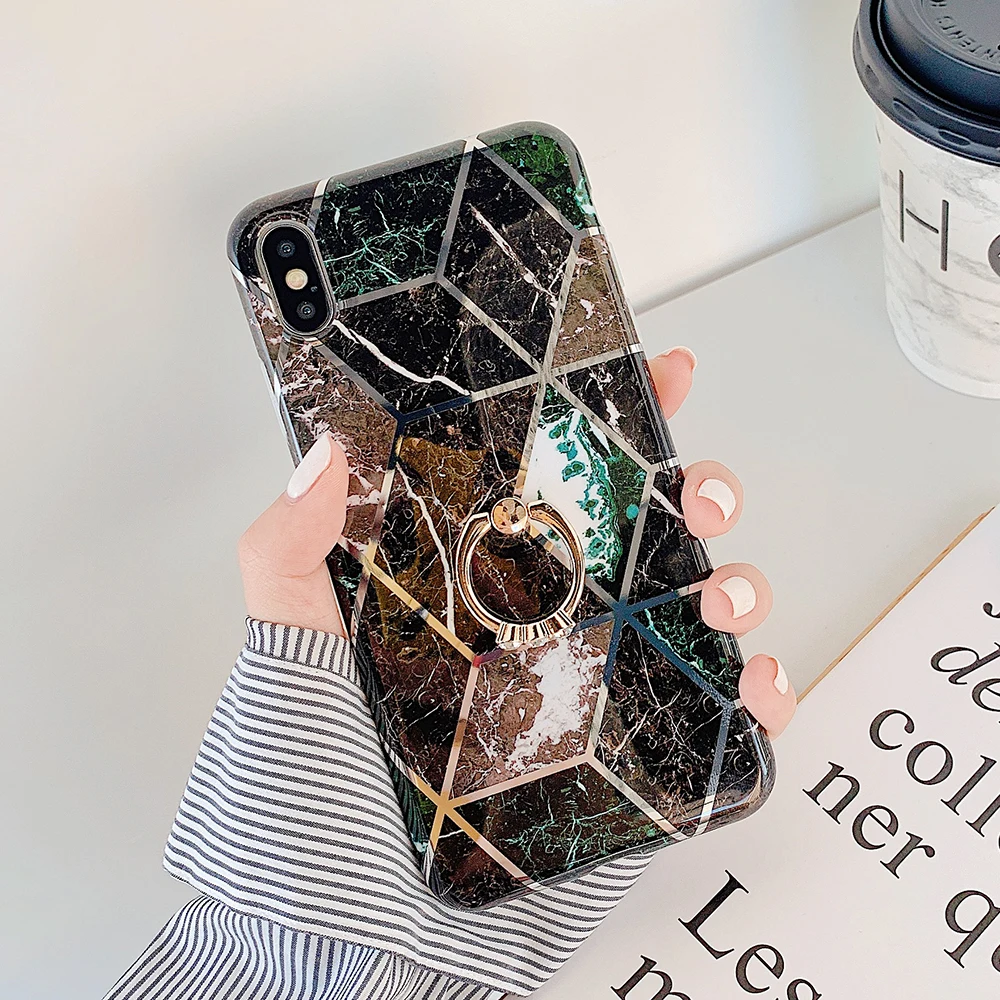 p Чехол для телефона LOVECOM для iPhone 11 Pro XR XS Max 6 6S 7 8 Plus X Мягкая Гальваническая мраморная задняя крышка с кольцом на палец - Цвет: p