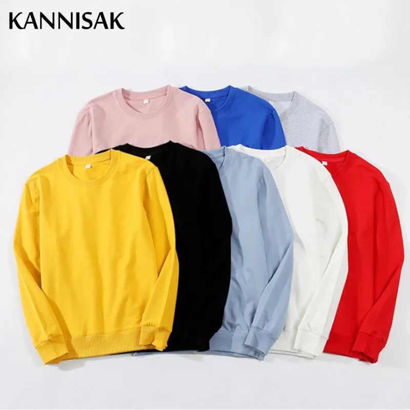 

KANNISAK Spring Autumn Sweatshirts Men O-neck Long Sleeve Thin Terry Pullovers Solid Casual Basic Harajuku Cotton Sweatshirt