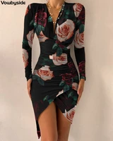 spring and autumn office lady womens dress printed pattern long sleeve v neck sexy slim dress