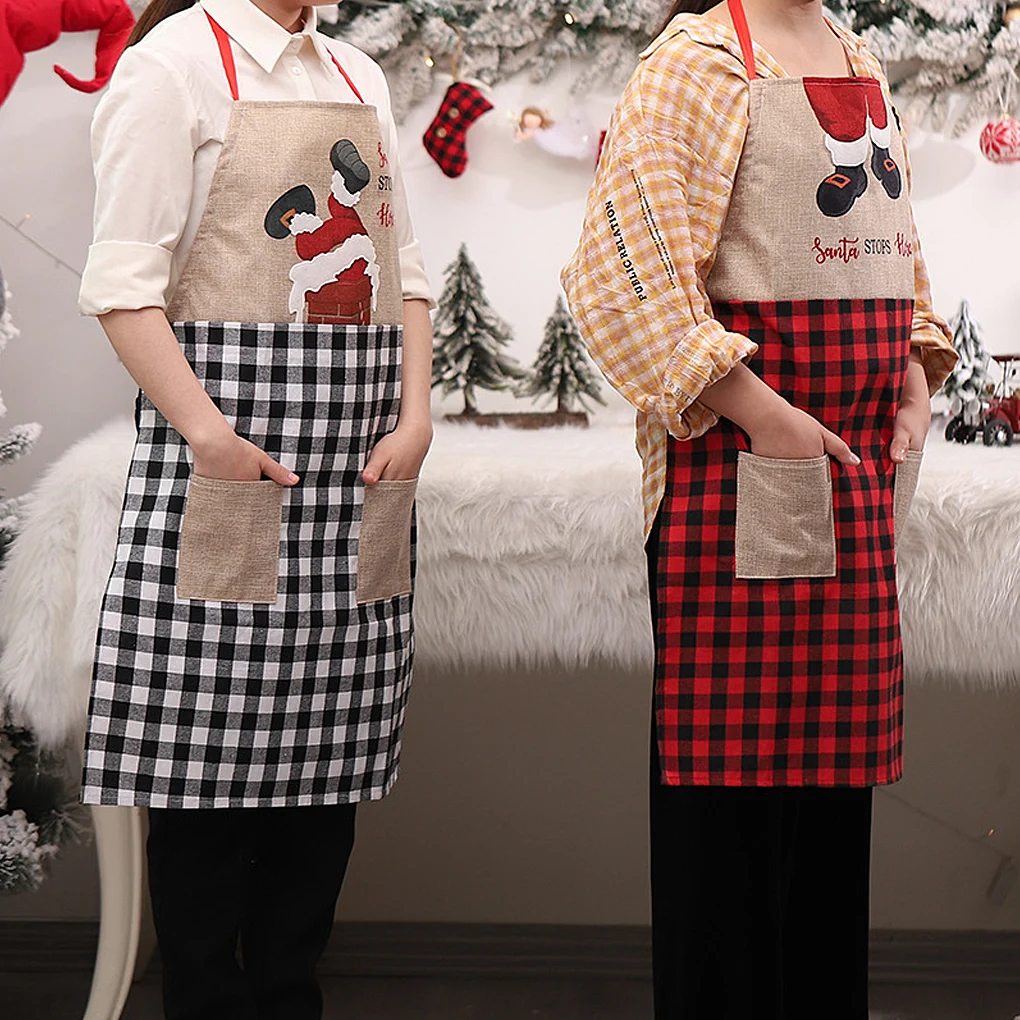 

Santa Claus Linen Apron Oil-Proof Double Pockets Waterproof Christmas Hanging Neck Apron For Household Kitchen Baking Aprons
