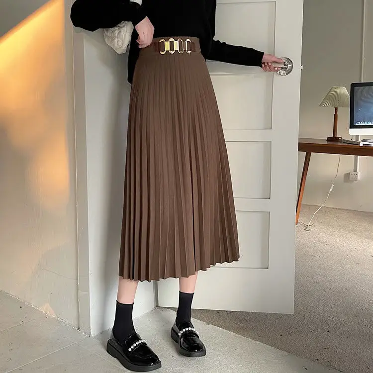 

Women's Elegant Autumn Winter High Waist Long Pleated Skirt Streetwear Solid Color Chic Organ Midi Skirt Ladies Casual Skirt