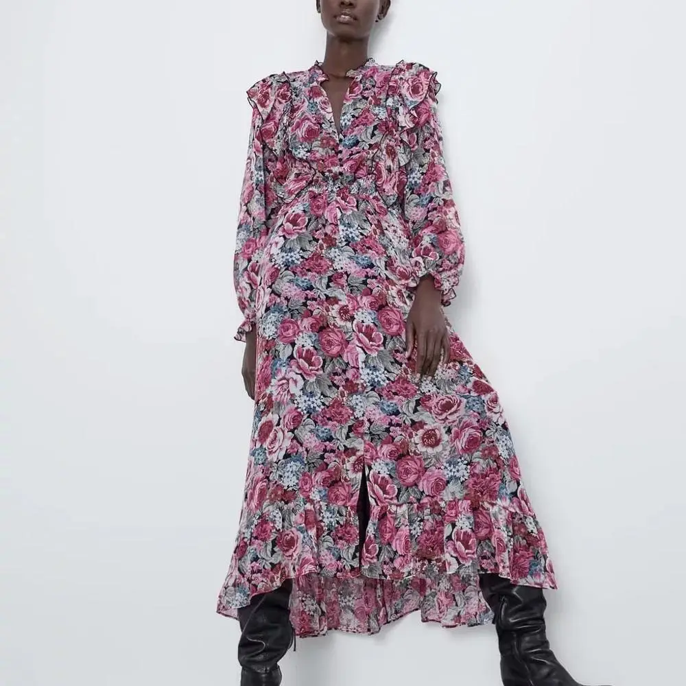 Женское платье макси ZA красное с цветочным принтом длинным рукавом и треугольным