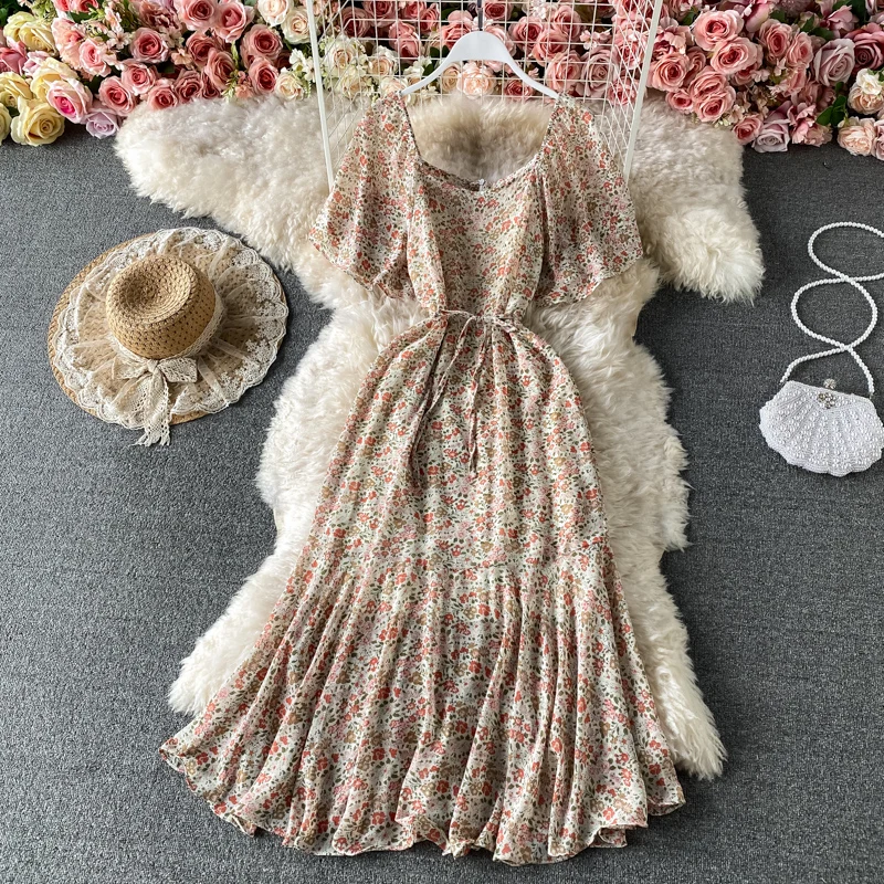 

JCHB 2021 Floral Dress Women Summer Short Sleeve Dress Elegant Midi Dresses for Women Casual Korean Fashion Vestido De Mujer Pph