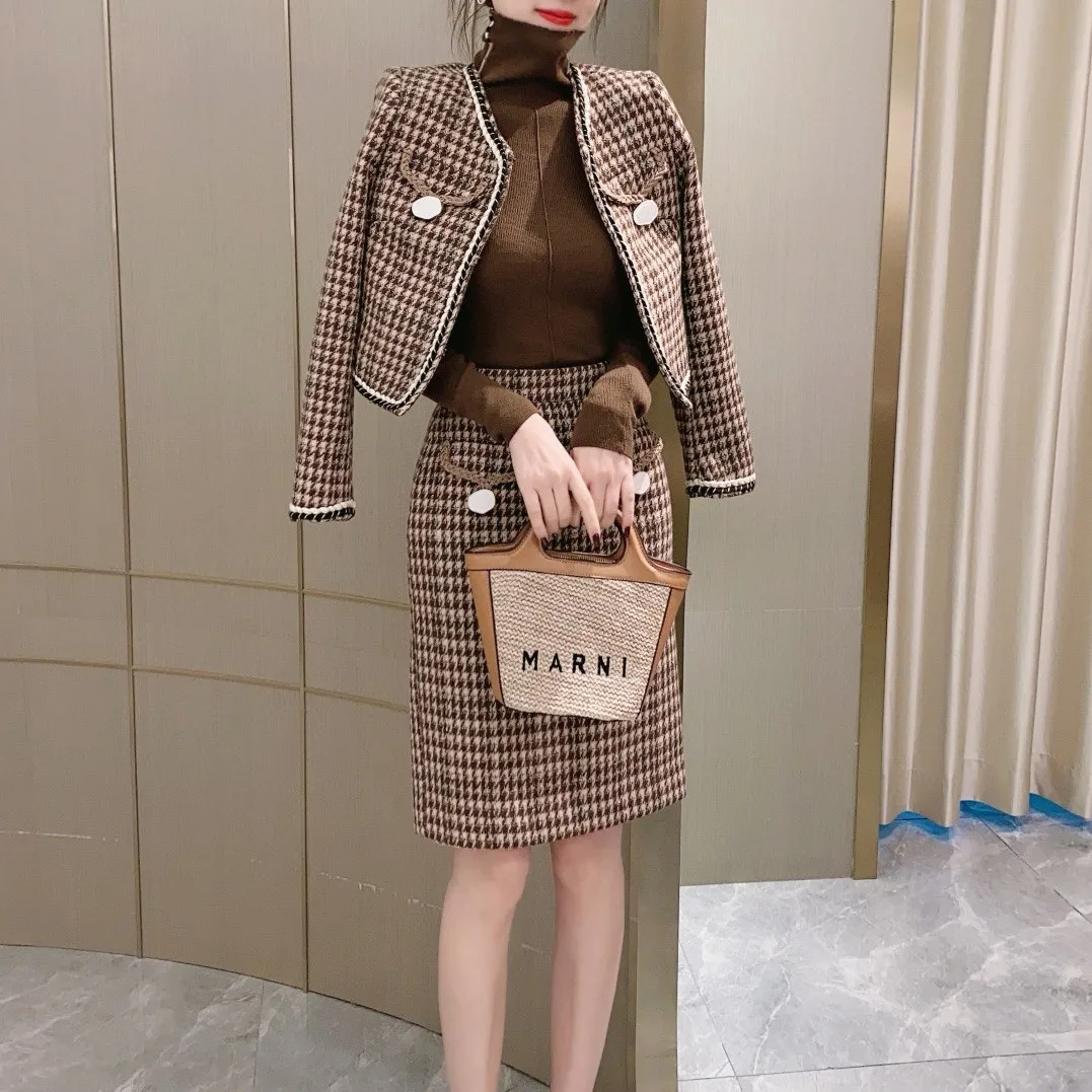 

Autumn and Winter Houndstooth Woolen Suit Two-Piece Set 2021 Women's Tweed Plaid Suit Skirt Coat for Women