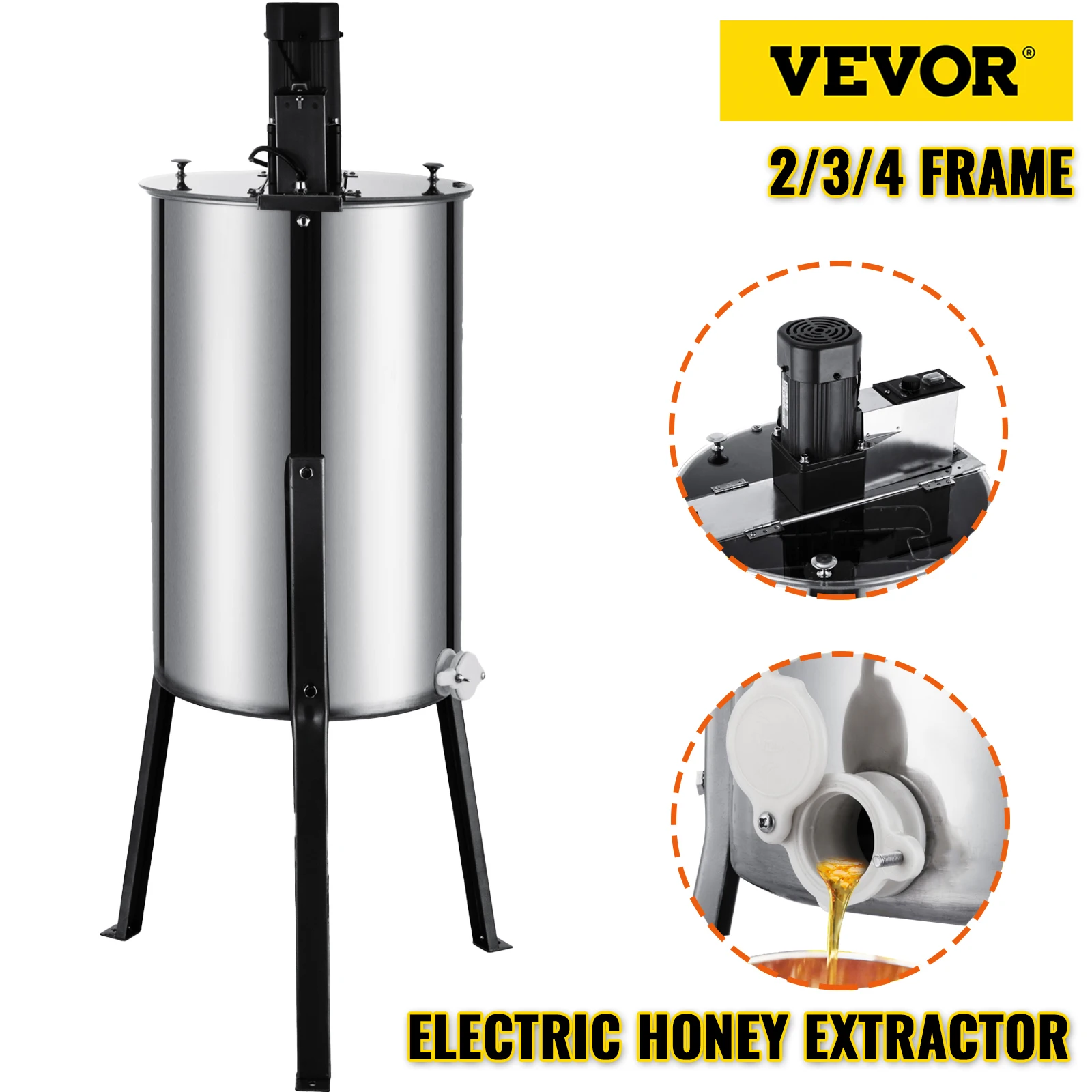 VEVOR-Extractor el&eacute;ctrico de miel, equipo de apicultura, 2, 3 y 4 marcos, girador de panal de acero inoxidable, manivela, centrifugadora de miel de abeja-0