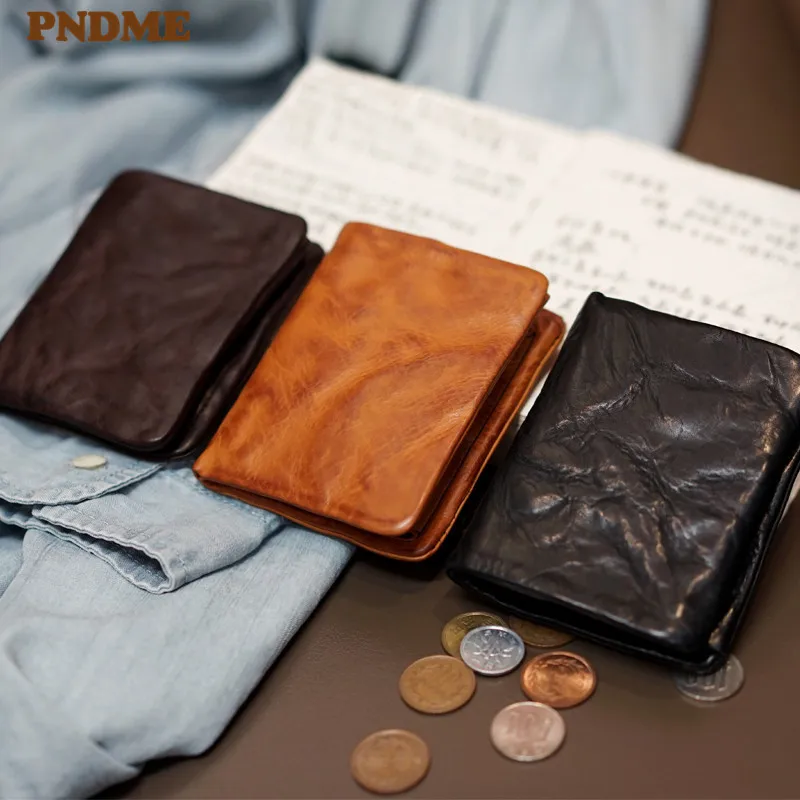 

PNDME fashion vintage genuine leather men's women's pleated wallets simple casual luxury natural real cowhide teens coin purse