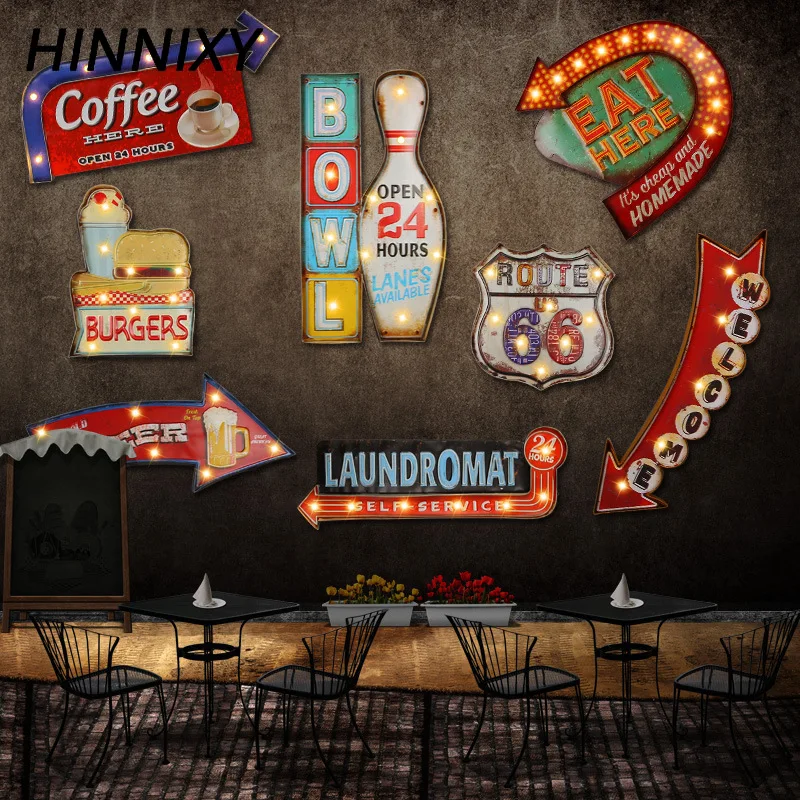 Hinnixy Vintage LED Wall Lamp Coffee Bar Resturant Decor Lighting Iron Art Route66 Cola Ice Cream Remote Control Night Lights |