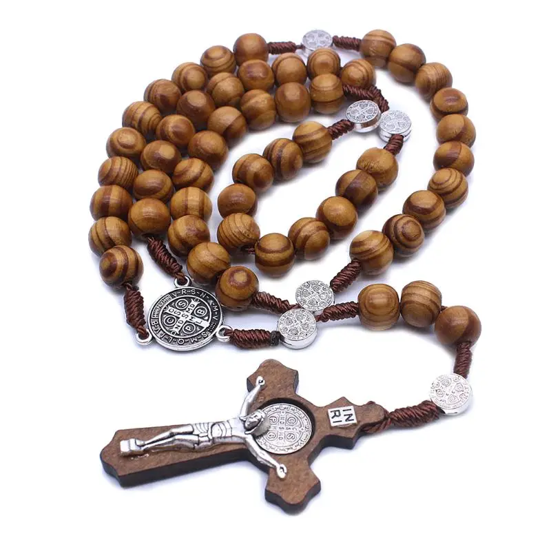 

Fashion Handmade Round Bead Catholic Rosary Cross Religious Wood Beads Men Necklace Charm Gift C5AC