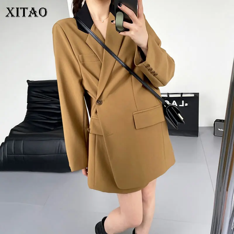 

XITAO, повседневный свободный Женский блейзер, винтажный контрастный цвет, отложной воротник, простой универсальный топ, пальто, осень 2021, нов...
