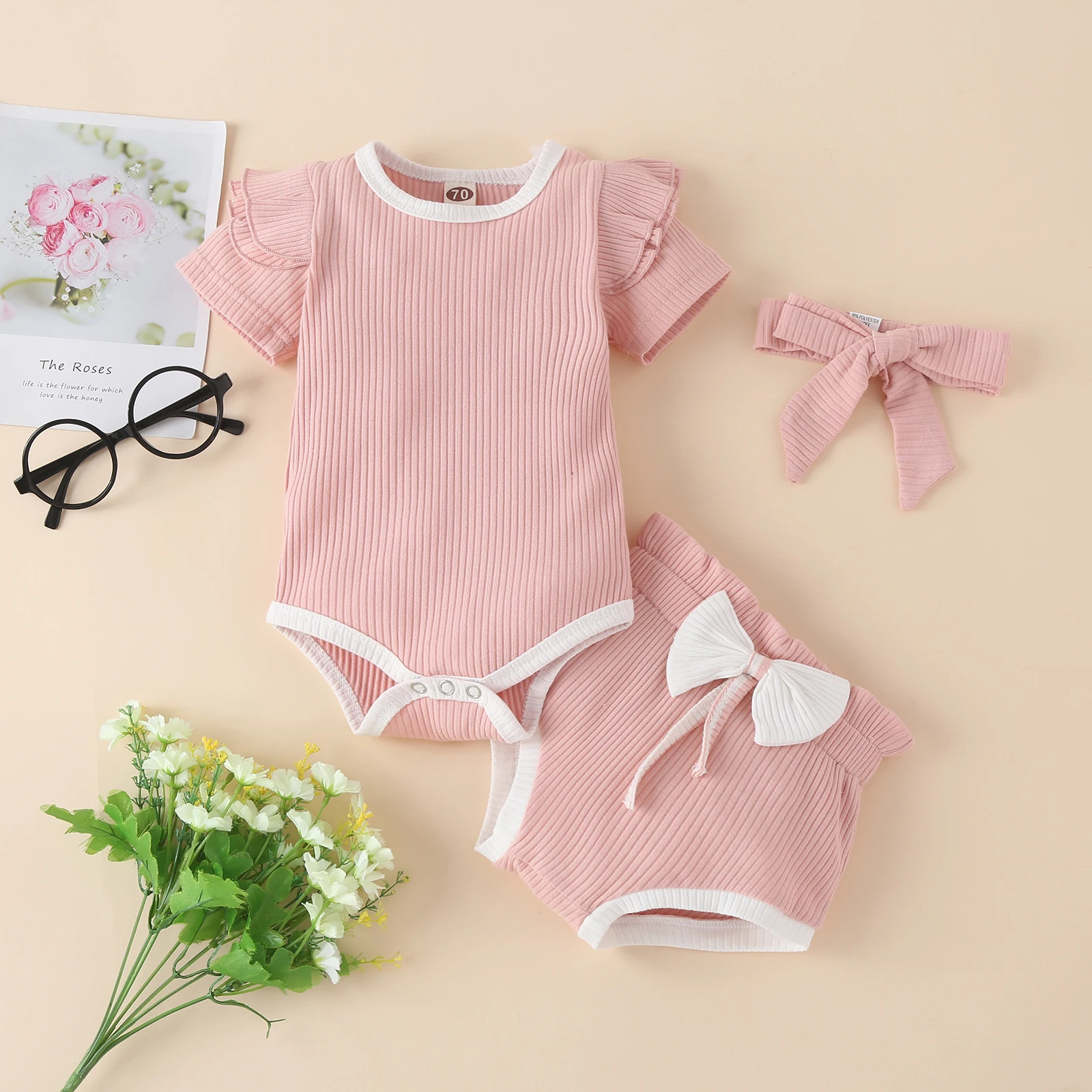 

2021 Baby Girls Ribbed Clothes Set, Short Sleeve O-neck Romper with Ruffles+Shorts+Bow-knot Headband