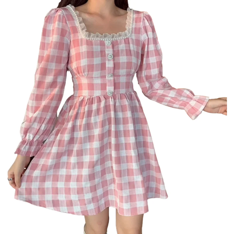 

New Autumn Japanese Women Mini Lolita Dress Square Collar With Lace Pink Plaid Beading Flare Sleeve Cute Kawaii Feminine Dresses