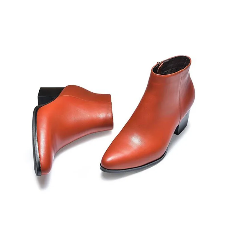 New Winter Mens High Heels Real Leather Boots Pointed Toe Zip Plush Warm Ankle Work Safety Career Wedding Party Men Shoes | Обувь