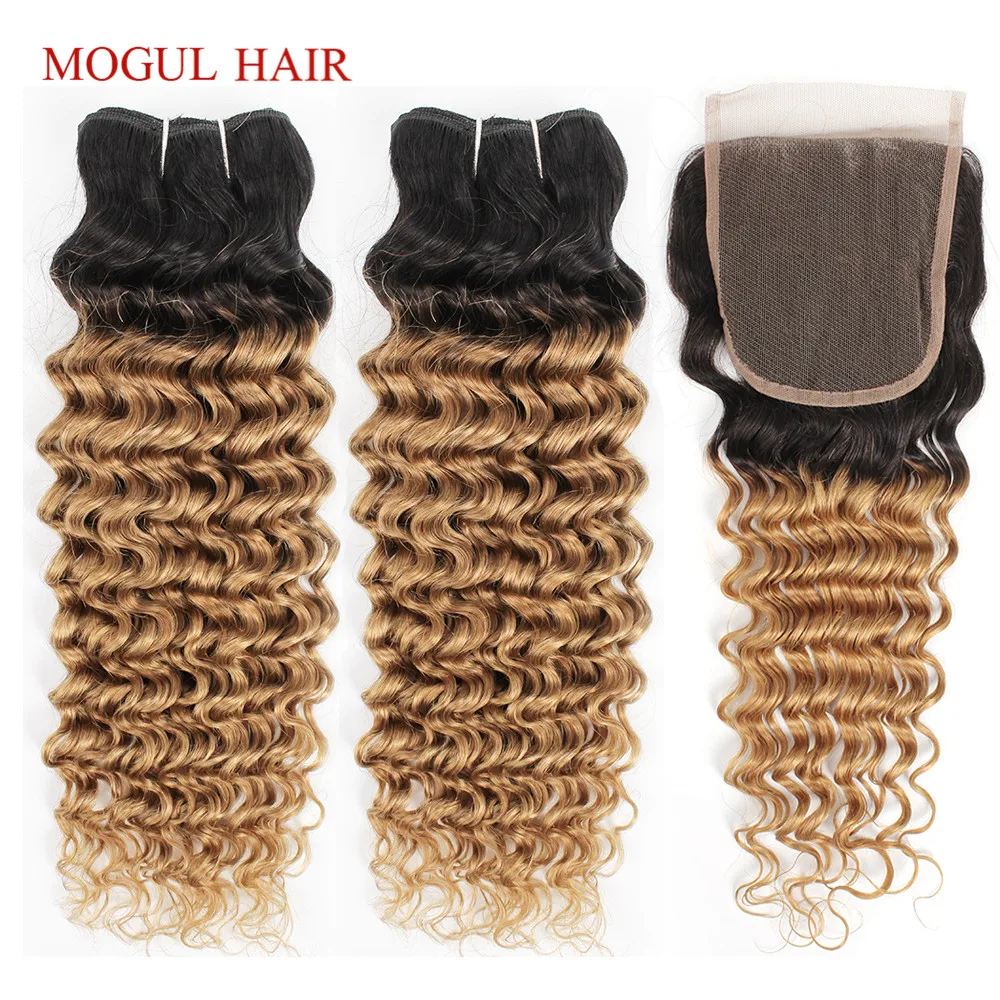 Ombre Honey Blonde Bundles With 4x4 Lace Closure Free Part 1B 27 Deep Wave 10-24 inch Remy Human Hair Weave Extension MOGUL HAIR