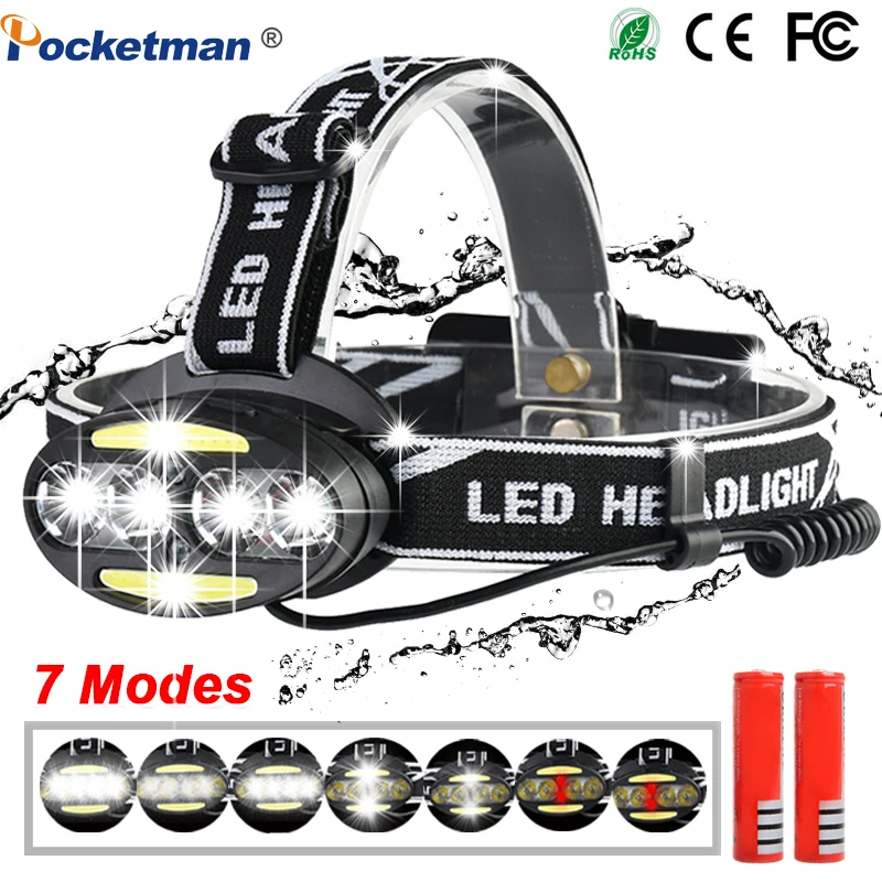 

Перезаряжаемый светодиодный налобный фонарь 6800LM 4 * T6 + 2 * COB + 2 * красный светодиодный налобный фонарь для велосипеда, лампа для наружного кем...