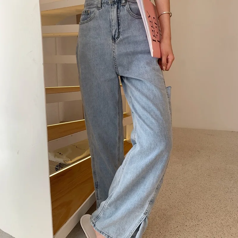 for summer light blue color is the foot open fork mouth side cut loose wide-legged jeans pants of mop floor | Женская одежда