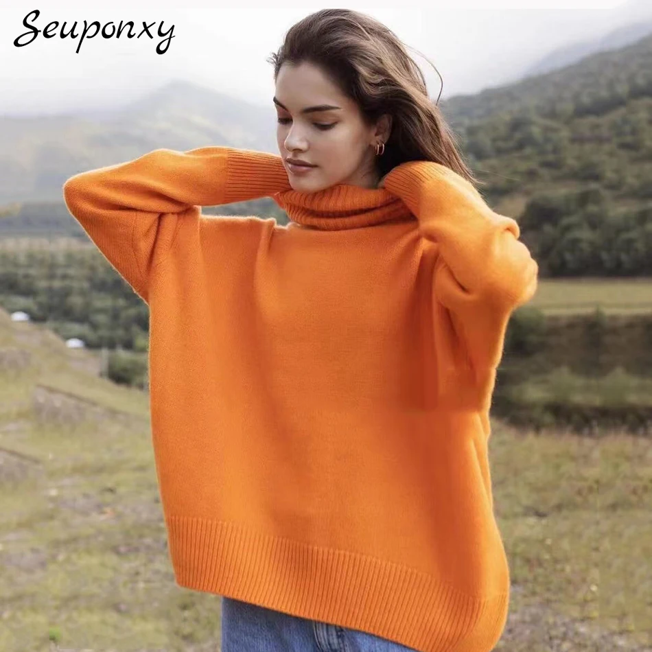 

High Quality Autumn And Winter Knitted Fashion Women'S Solid Color Pullover 2021 Sexy High Neck Long Sleeve Loose Casual Sweater