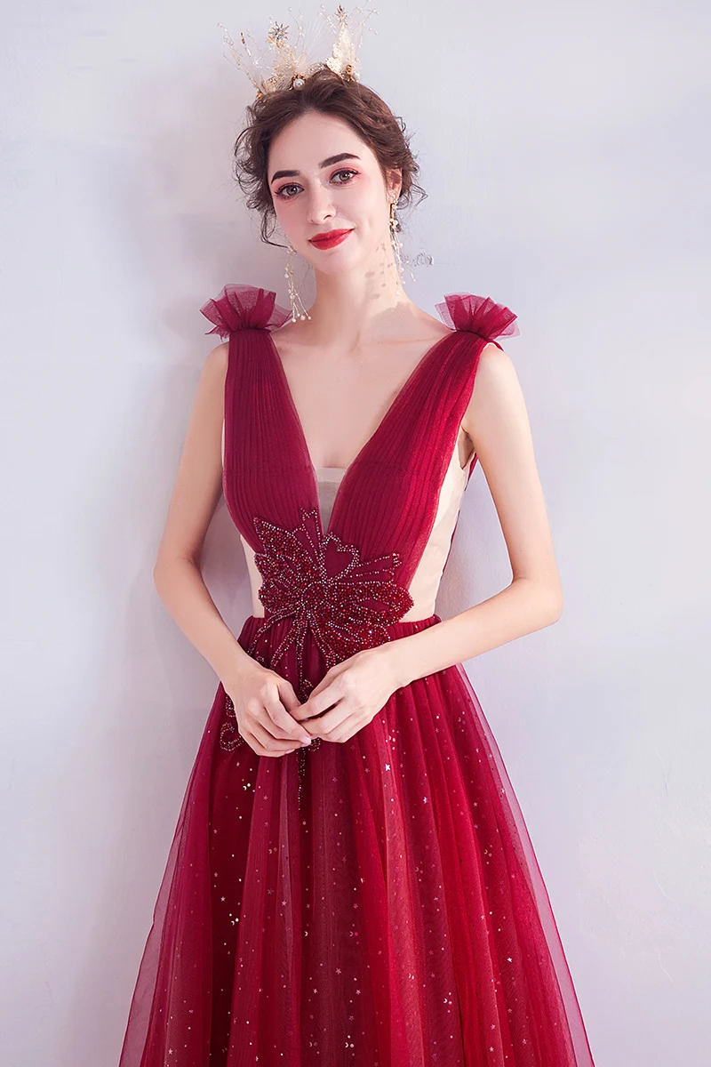 2020 New Fashion Wine Red A-line V-neck Tulle Crystal Beaded Vintage Elegant Evening Dresses Bride Banquet Party Prom Dress ND29 | Свадьбы и