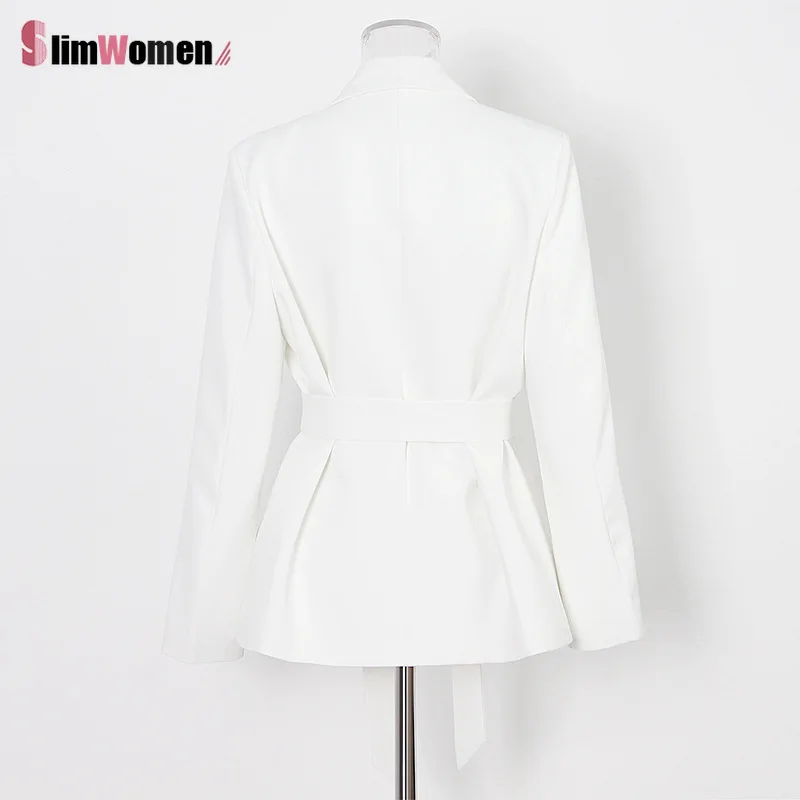 

2021 Korean Advanced Loose Blazer White Elegant Two Piece Set Women Blazer High Waist Belt Lace-up Wide Leg Pants Suits Female