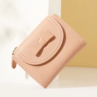 womens small cute tri fold wallet bowknot zipper coin purses short pu leather hasp clutch bag solid color female card holders