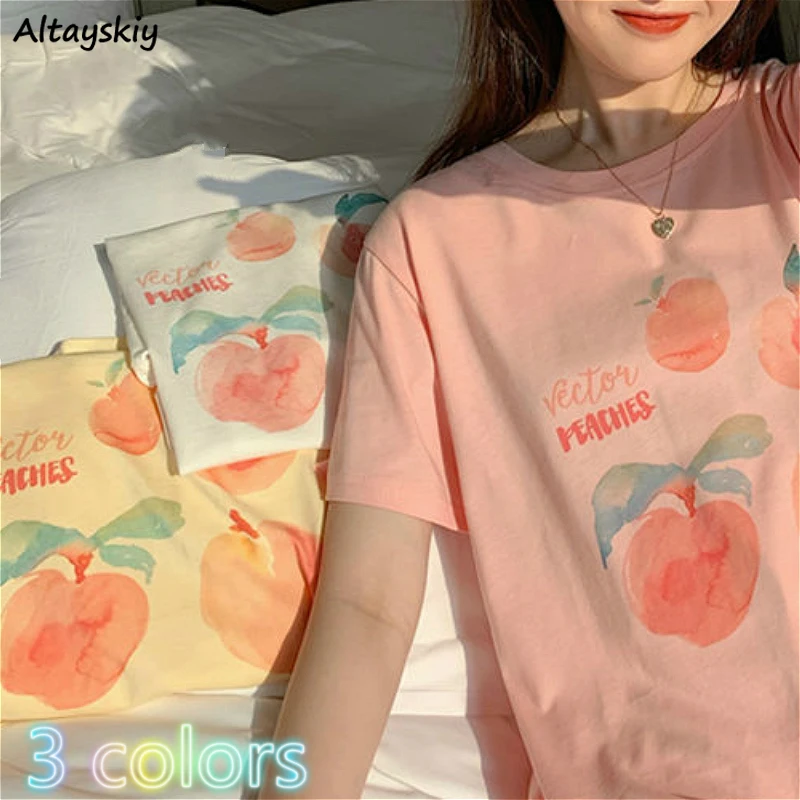 

Футболка женская с круглым вырезом, Модный милый топ в Корейском стиле для девочек, свободного покроя, с принтом розового персика, универсал...