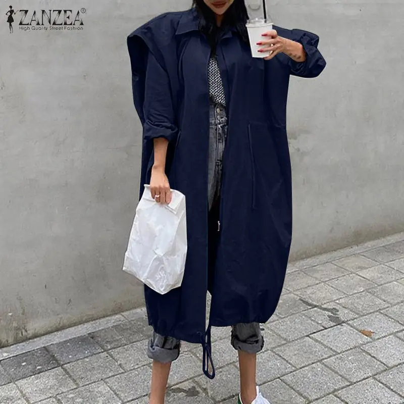 

2022 Autumn Women Trench Coats ZANZEA Fashion OL Long Sleeve Mid-calf Outwears Casual Solid Zip Up Oversized Looss Windbreakers