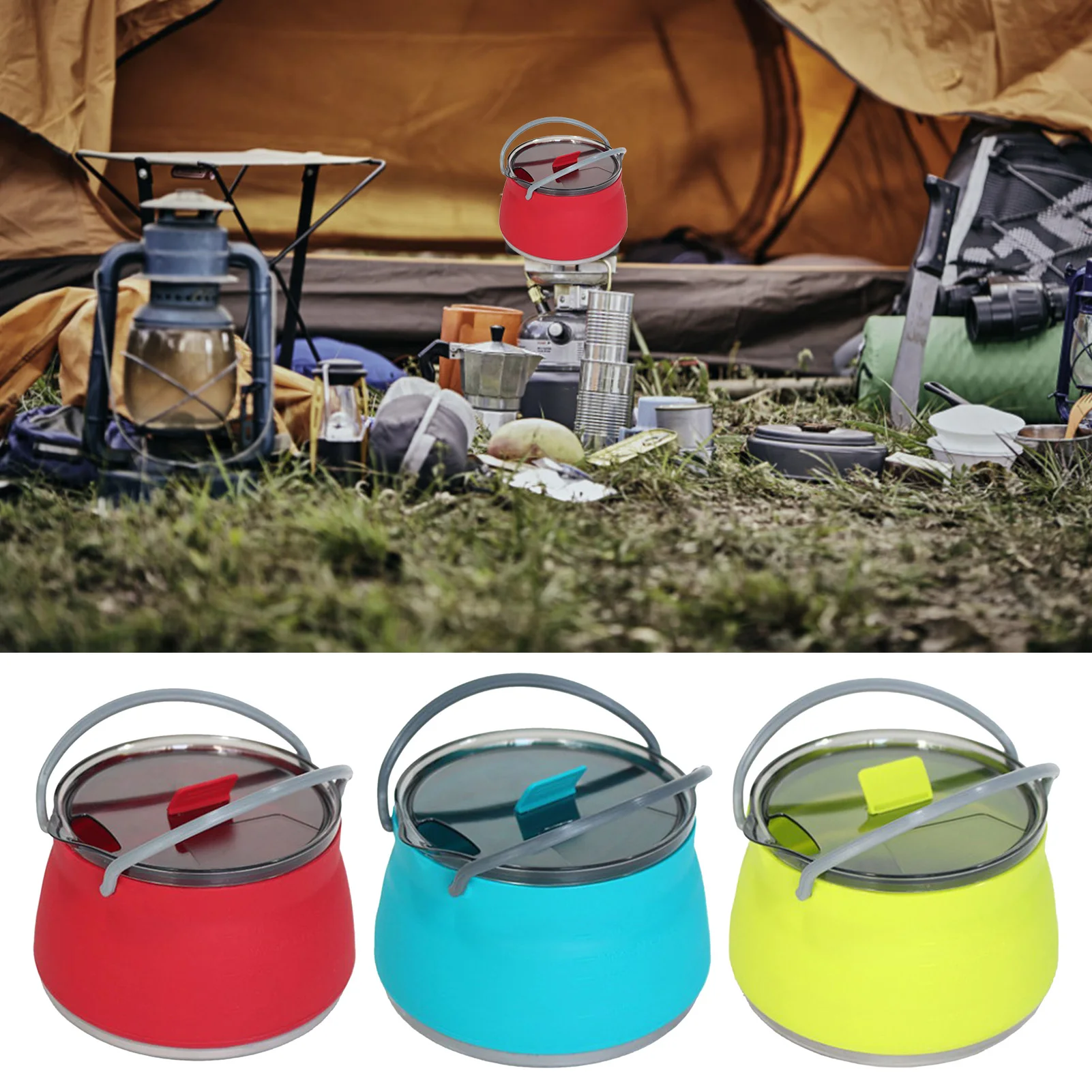 

Camping Kettle 1L Foldable Water Pot Food Grade Silicone Outdoor Cook Pot Travel Kettle Water Tea Coffee Compressible Cookware
